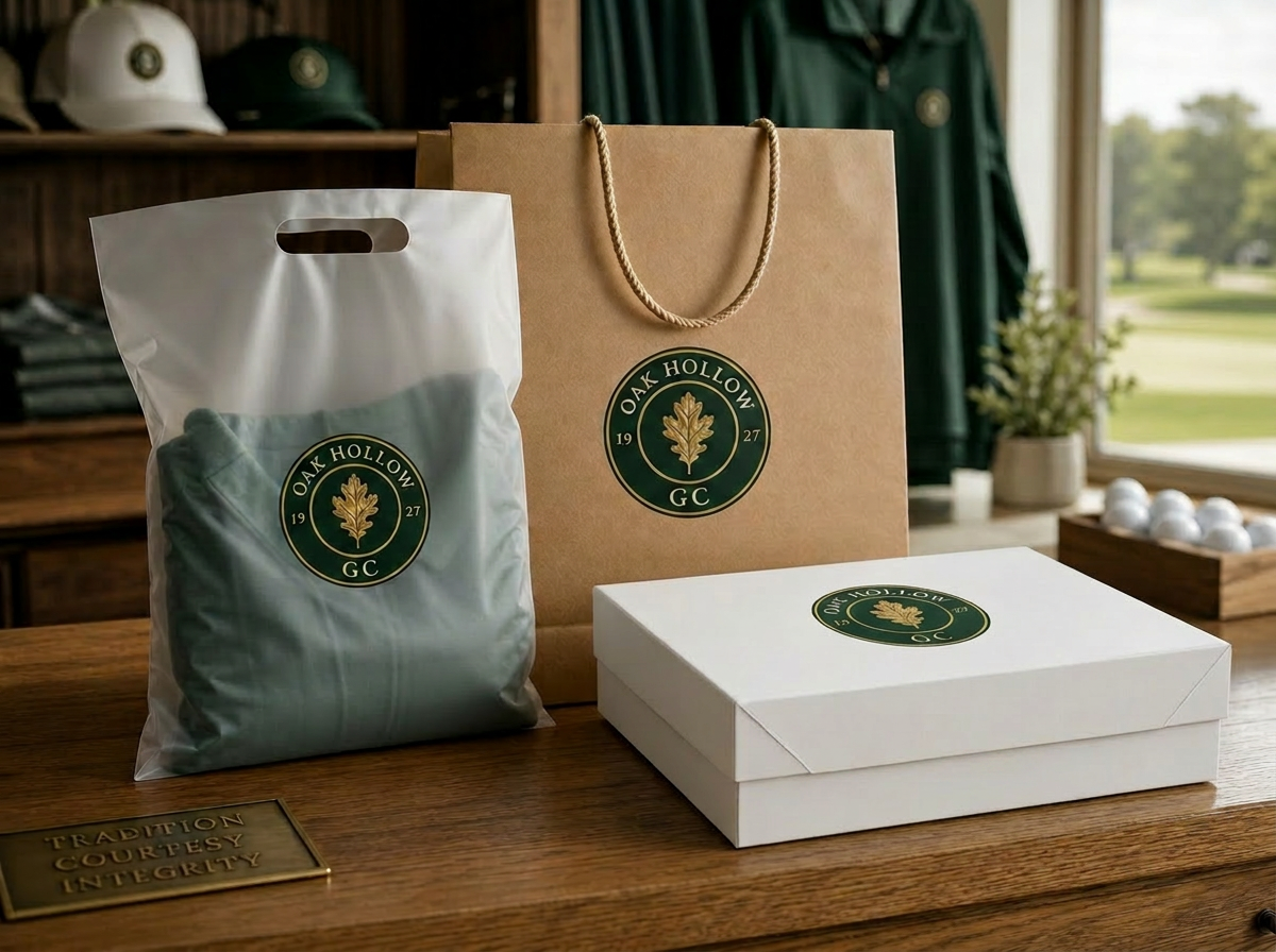 Custom logo canvas tote and frosted plastic cups on a clubhouse counter
