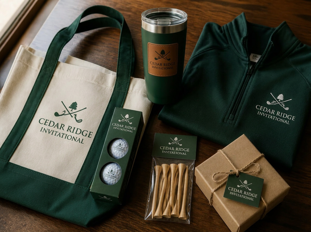Curated player gift package on wood with quarter-zip, tumbler and leather accessories