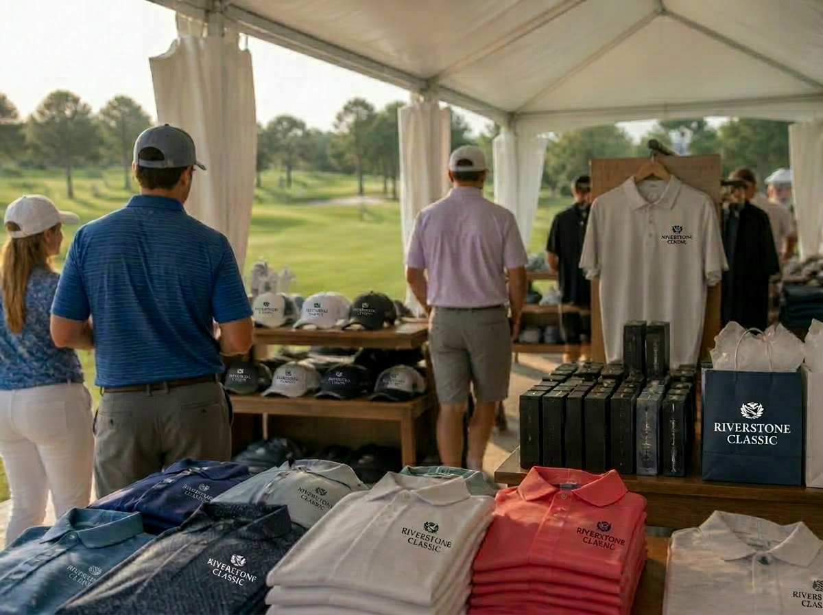 Branded tournament merchandise tent with volunteer uniforms and stacked cups